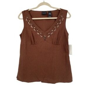 NWT AXCESS Women Brown V Neck Embellished Linen Top‎ Size 8